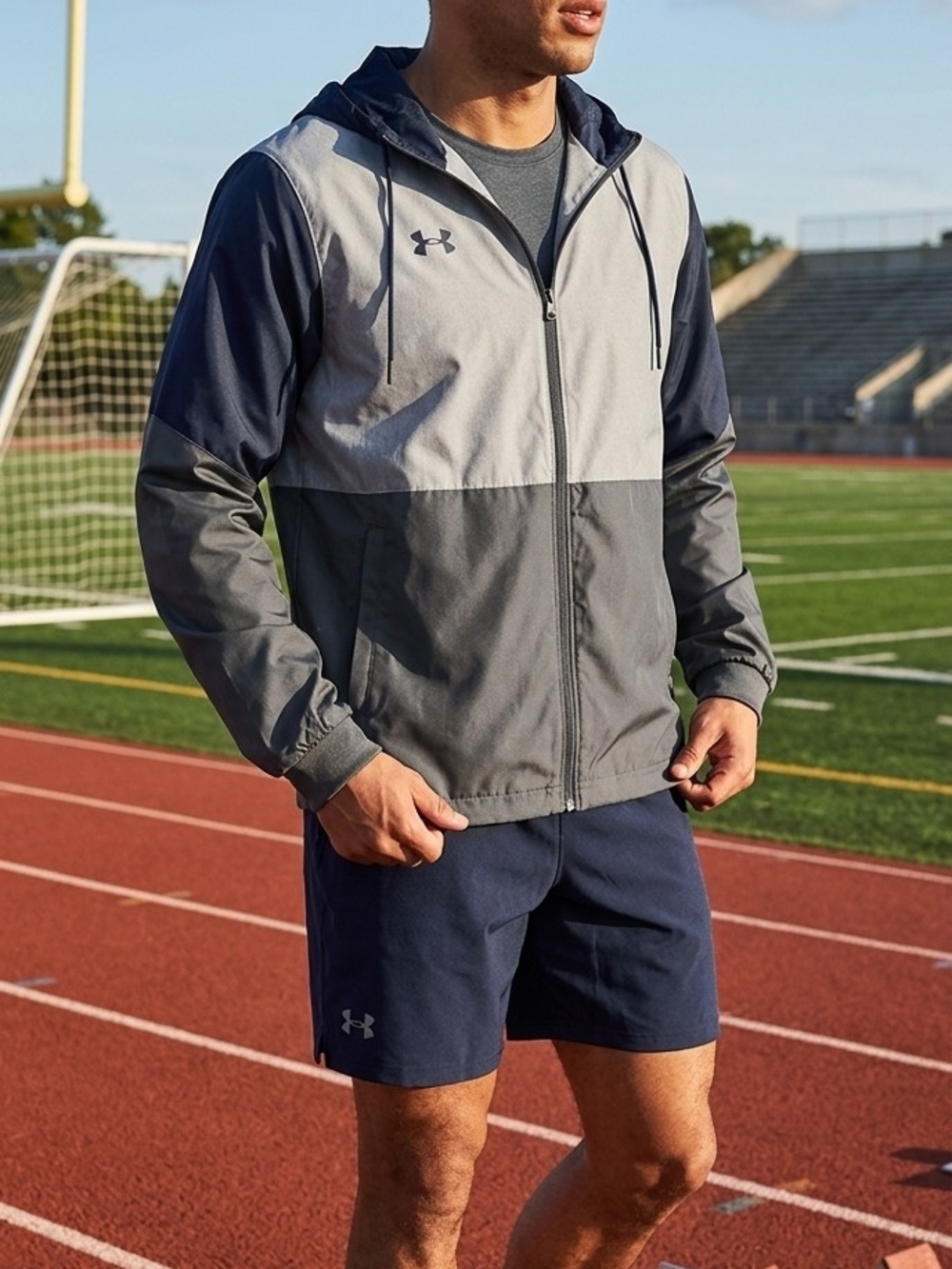 Under Armour Men’s Hooded Colorblock Windbreaker - Navy, Light Gray & Charcoal